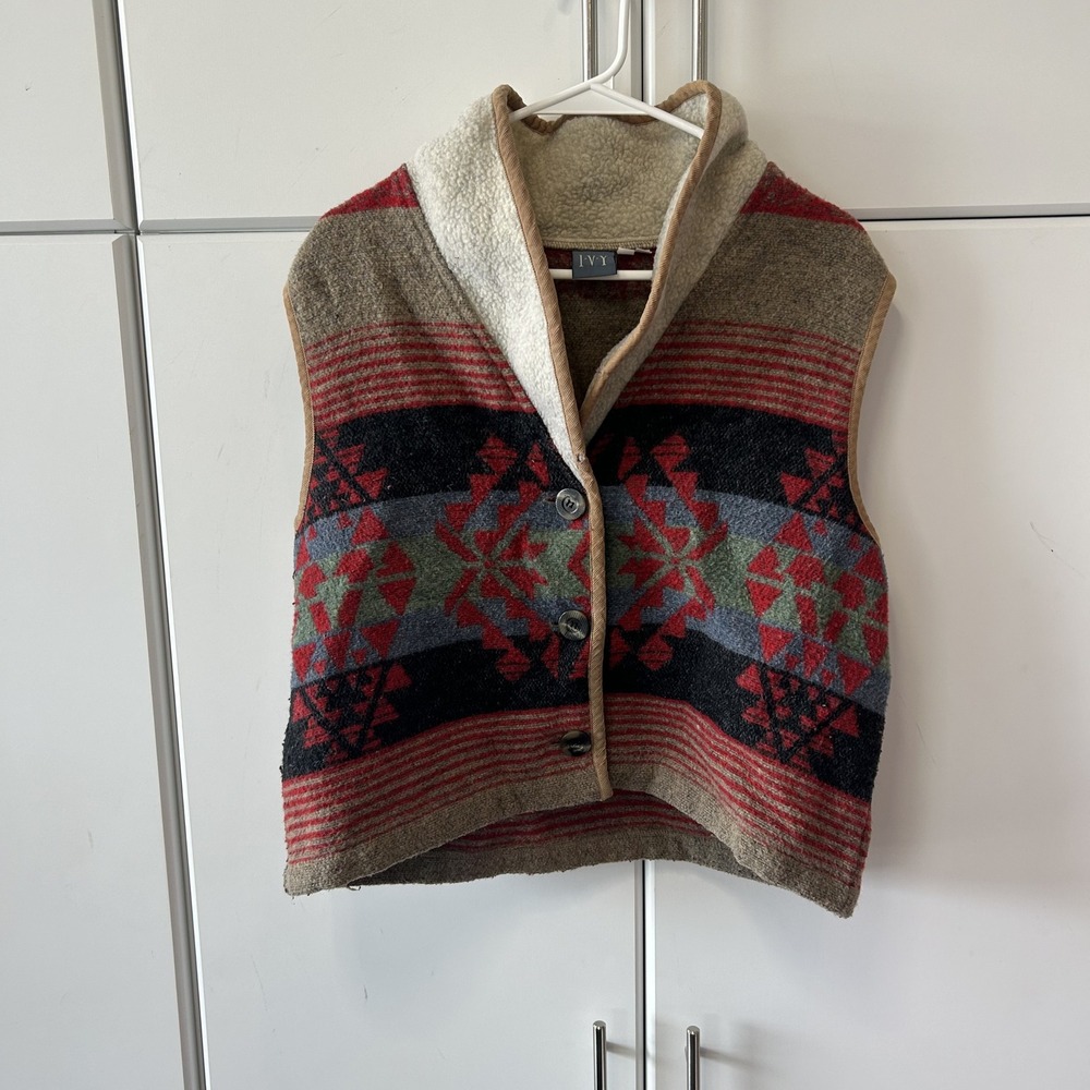 IVY Southwestern Aztec Sherpa Lined Wool Blend Vest Large Red Tan Geometric